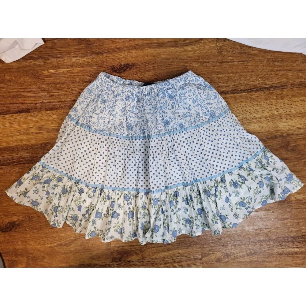 Mini Boden Blue White Floral Polka Dot Tiered Skirt Size 4-5y